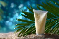 Cosmetic tube with water drops on sand against tropical palm leaves and blue bokeh background, moisturizing skincare product packaging mockup.