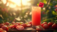 Fresh tomato juice in glass with red hibiscus flower garnish surrounded by ripe tomatoes on wooden table in warm sunlight for healthy lifestyle content.