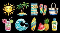 Summer clipart set with sun, palm island, beach towel, flip flops, bag, cocktail, wave, surfboard, fruits, sunscreen, isolated on transparent background for t-shirts, stickers, print on demand.