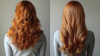 Young woman with long wavy strawberry blonde hair shown from behind in two styling variations - natural curls and smooth waves against neutral gray background.