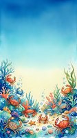Watercolor underwater scene with colorful crabs, coral, seaweed, starfish, and shells, featuring copy space for text or design use.