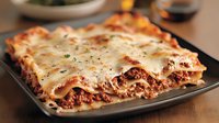 Homemade lasagna with melted cheese and herbs in baking dish, comfort food for family dinner and Italian cuisine recipes.