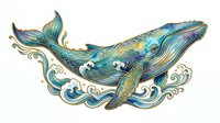 Decorative whale with ornamental waves and swirls in turquoise, gold, and purple tones. Isolated clipart suitable for t-shirt designs, wall art, and creative projects.