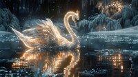 Luminous swan glowing with magical light swimming in dark winter lake at night, reflection on water surface among snowy mountains and forest.