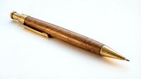 Wooden ballpoint pen with brass accents isolated on white background, ready for product design, merchandise, and promotional material use.