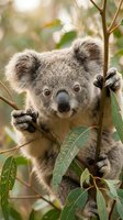 Adorable koala bear clinging to eucalyptus tree branch in natural habitat with soft sunlight filtering through green foliage creating peaceful wildlife scene.
