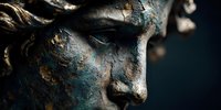 Ancient bronze statue face with weathered patina showing signs of age and corrosion against dark background for historical and artistic projects.