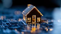 Miniature glowing house model on circuit board with warm lighting effects and bokeh background creates futuristic smart home technology concept.