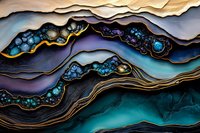 Abstract layered waves in deep turquoise, purple, and gold tones create dramatic marble-like pattern with glowing blue accents and organic flowing lines. Artistic luxury background.