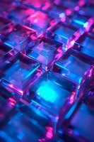 Illuminated computer keyboard with vibrant neon pink and blue lights creating futuristic cyberpunk atmosphere for technology and gaming concepts.