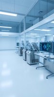 Modern sterile laboratory interior with advanced scientific equipment and glass partitions for medical research and biotechnology applications.