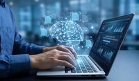 Businessman using laptop with artificial intelligence brain network and data analytics dashboard in modern office environment for machine learning.