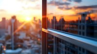 Modern city skyline view through glass balcony railing at dramatic orange sunset with sun rays and skyscrapers silhouettes creating urban atmosphere.