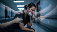 Exhausted healthcare worker sitting in hospital corridor showing burnout and mental health struggles in medical profession during demanding shift.