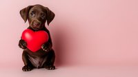Adorable chocolate Labrador puppy holding red heart shape against pink background, expressing love and affection. Perfect for Valentine's Day cards and pet-related designs.