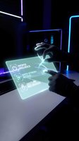 Hand touching glowing holographic interface displaying data stream and restore options in futuristic neon-lit workspace for technology and digital innovation concepts.