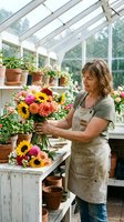 Mature woman florist arranging colorful fresh flowers in greenhouse with potted plants and natural light, suitable for gardening, floristry, and small business content.
