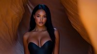 Young Asian woman with long dark hair in black evening dress standing in dramatic orange-lit cave setting with soft shadows and warm atmospheric lighting.