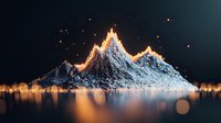 Glowing mountain peaks with fiery edges reflect on calm water surface against dark background, creating magical atmosphere with floating light particles.