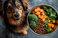 Curious dachshund mix dog looking at bowl filled with healthy ingredients including broccoli, carrots, beans and fresh herbs. Pet nutrition concept.