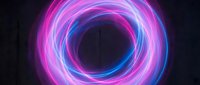 Glowing neon spiral vortex with vibrant magenta and blue light trails swirling in circular motion against dark background for digital design.