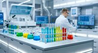 Modern laboratory with colorful chemical solutions in test tubes and beakers on white counter, scientist working with advanced equipment in background.