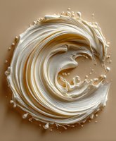Creamy swirl of white and golden liquid creating dynamic spiral motion with splashing droplets on warm beige background for food and beverage design.