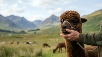 Hand feeding brown alpaca in mountain valley landscape with grazing herd and green pasture, outdoor animal interaction and farm tourism experience.