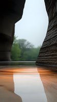 Tranquil water ripples between rocky canyon walls, creating mesmerizing reflections in orange sunset light. Natural landscape view through narrow gorge opening.