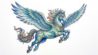 Ornate winged horse with decorative blue and gold patterns, isolated on transparent background. Ready for t-shirt design, clipart, stickers, sublimation, and print-on-demand products.