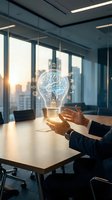 Businessman holding glowing lightbulb with brain and innovation icons in modern office conference room representing creative thinking and business solutions.