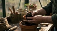 Elderly gardener hands gently holding young green seedling in terracotta pot during spring planting season in rustic greenhouse setting.