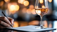 Glass of rosé wine with warm bokeh background while person takes notes at restaurant table. Elegant dining atmosphere for wine tasting or review.