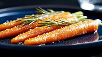 Fresh glazed baby carrots garnished with rosemary sprigs on dark plate, macro food photography with selective focus showing vibrant orange color and moisture.