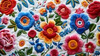 Vibrant embroidered floral pattern featuring red, blue, and orange flowers with green leaves on white fabric. Traditional folk art style needlework with dimensional texture.