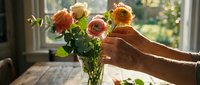Person arranging fresh orange and pink ranunculus flowers in glass vase on wooden table by window. Hands placing colorful blooms for home decor and floral design.