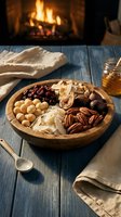 Wooden bowl filled with assorted nuts, dried fruits and cheese by cozy fireplace creating warm rustic atmosphere for holiday entertaining and snacking.