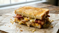 Grilled cheese sandwich with crispy bacon and melted cheese on toasted bread, served on parchment paper. Comfort food for restaurant menus and cooking blogs.