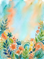 Watercolor floral border with colorful blooms, leaves, and swirls on a soft teal and peach background with copy space for text.