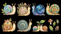 Colorful decorative snails with ornate spiral shells and botanical details, isolated on transparent background. Ready for clipart, t-shirt design, stickers, sublimation, and print-on-demand projects.
