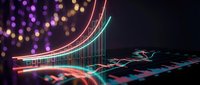Financial growth chart with glowing neon lines showing upward trend on dark background with colorful bokeh lights for business analytics presentations.