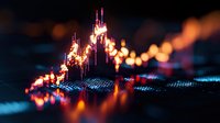 Glowing financial chart with orange and pink light trails showing market growth on dark background with bokeh effect and digital grid surface.