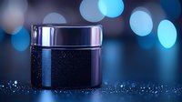 Luxury black cosmetic jar with metallic silver lid on dark background with blue bokeh lights and glitter, showcasing premium skincare packaging design.