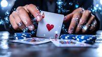 Ace of hearts card revealed in dramatic poker game setting with blue poker chips and magical sparkle effects, creating suspenseful gambling atmosphere.