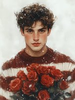 Young man with curly dark hair holding red roses in winter, wearing striped sweater against snowy background. Romantic seasonal portrait with soft lighting and delicate snowflakes.