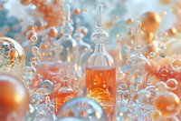 Elegant glass bottles with orange liquid surrounded by bubbles and spheres in dreamy blue and orange atmosphere.