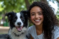 Young woman with curly hair and bright smile posing with happy Border Collie dog outdoors in park setting. Natural daylight creates warm atmosphere.