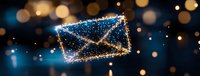 Glowing magical envelope shape formed by sparkles and light particles against dark blue background with golden bokeh lights, newsletter concept.