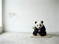 Adorable giant panda cub sitting on a woven mat, holding bamboo in a minimalist white room with a bamboo sprig on the wall.