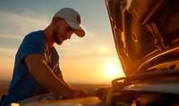 Caucasian male mechanic in baseball cap examining car engine at sunset, dramatic golden hour lighting creates atmospheric automotive repair scene.